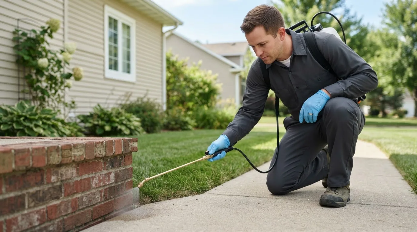 Pest control technician treating a home near Pemberton, MN
